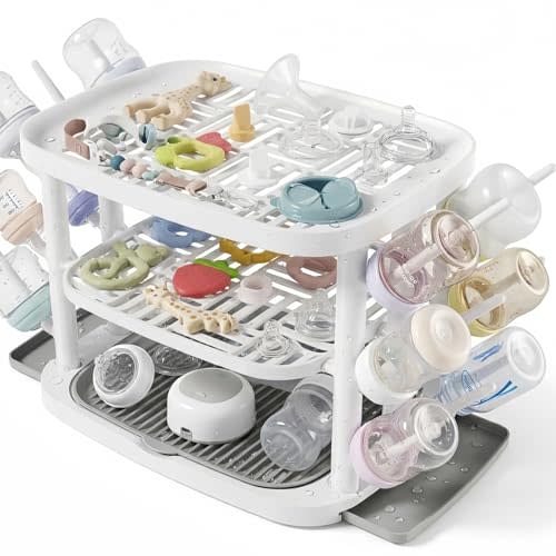 GREENDADI Baby Bottle Drying Rack,3-Tier Large Capacity Countertop Organizer with 360 Ventilation, Removable Drip Tray, Non-Slip Base Easy to Clean Bottle Holder for Baby Accessories