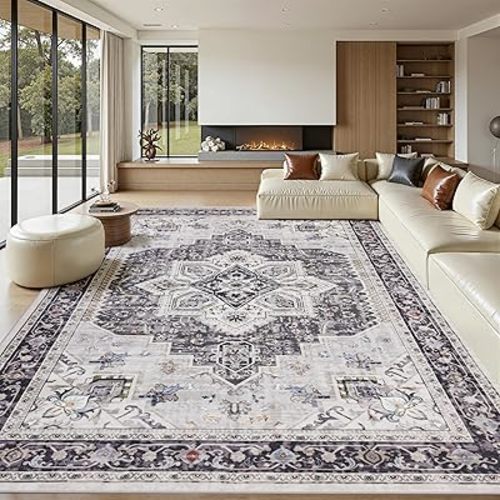 9x12 Area Rug Living Room Rugs, Stain Resistant Washable Rug, Vintage Large Non-Slip Backing, Low Pile Lightweight Print Rug for Bedroom Dinning Room Home Office (Coffee)