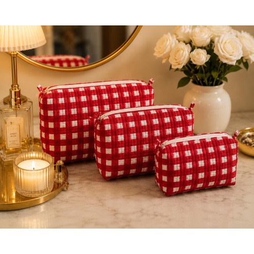 3 Piece Quilted Makeup Bag Set, Hand Block Print Cotton Cosmetic Pouches