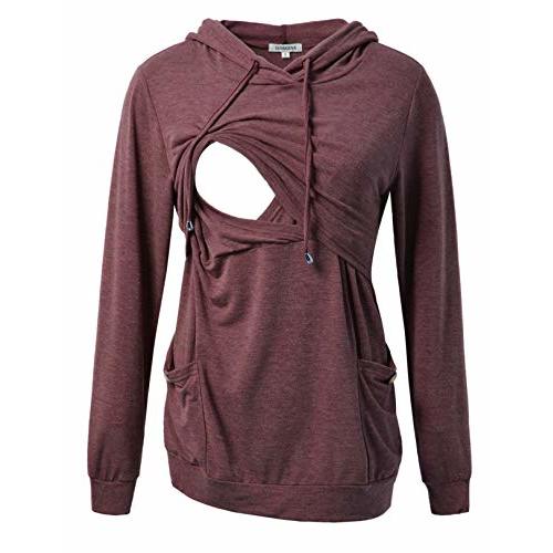GINKANA Womens Nursing Hoodie Top Sweatshirt Long Sleeve Button Decoration Pockets Shirts Tunic Top