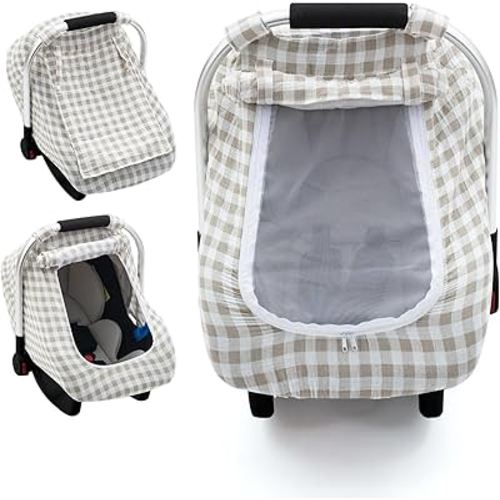 Muslin Car Seat Cover Baby, Summer Infant Carseat Covers with Breathable Window, Lightweight Car Seat Sun Shade Cover for Girls Boys, Fit Spring Summer (Brown)