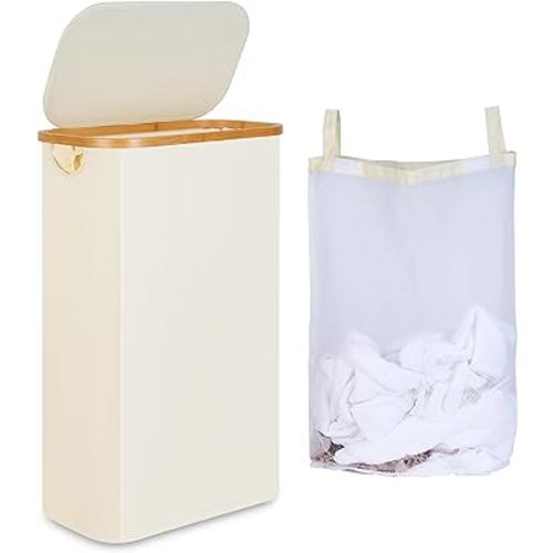 65L Slim Laundry Hamper, Narrow Laundry Basket with Lid,Foldable Clothes Hamper with Bamboo Handles,Hamper Basket with Removable Inner Bag for Laundry Room Bedroom College Dorm,17.17 Gals Beige
