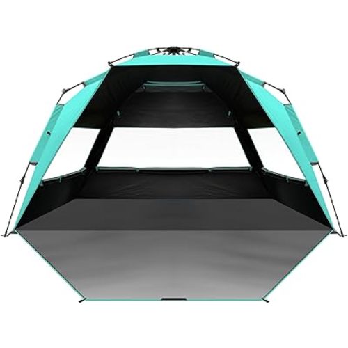 OutdoorMaster Beach Tent with Blackout Shelter Technology, Portable Beach Shade Sun Shelter Canopy for 4-6 Person with UPF 50+ UV Protection, Easy Setup Pop Up Tent Family Size