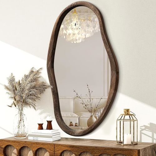 JJUUYOU Asymmetrical Mirror Irregular Bathroom Wall Mirror 36"x24" Large Wooden Frame Modern Hanging Mirrors Vintage Mirrors for Makeup Bathroom Living Room Brown