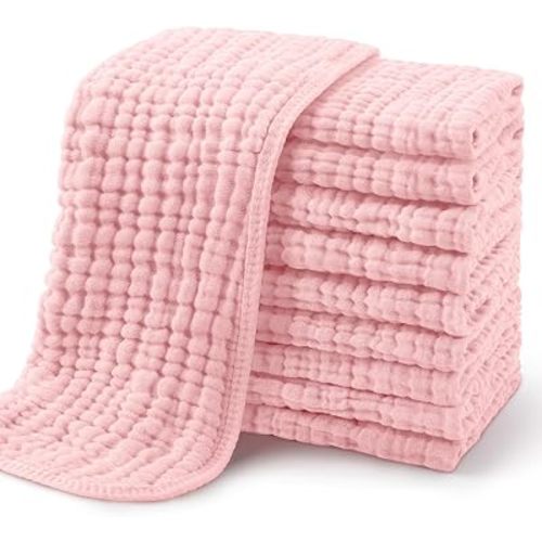 Yoofoss Muslin Burp Cloths for Baby 10 Pack 100% Organic Cotton Baby Washcloths for Boys Girls Large 20''X10'' Super Soft and Absorbent Apricot, Soft Pink