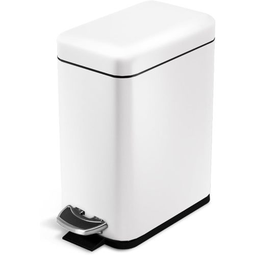 Home Zone Living 1.3 Gallon Small Bathroom Trash Can with Lid and Step Pedal, Stainless Steel Wastebasket with Slim Design for Home and Office, Matte White, 5 Liters