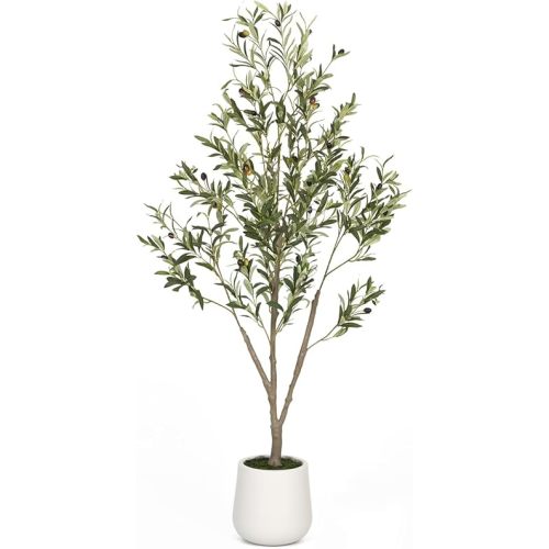 Artificial Olive Tree 5FT Tall Faux Olive Tree Artificial Indoor with Natural Wood Trunk and Lifelike Fruits Realistic White Planter Potted for Home Office Living Room Decor