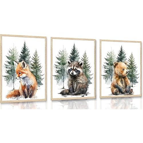 3Pcs Forest Watercolor Canvas Wall Art Set Featuring Fox Raccoon Bear Paintings Posters Prints Pictures for Kids Room Nursery Kindergarten Wall Decor Decoration Unframed