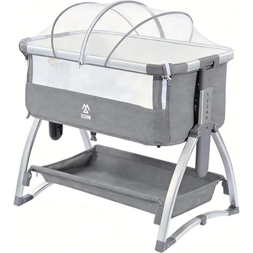 Elevon Bedside Bassinet, 4-in-1 Baby Bedside Sleeper with Rocking Mode, Breathable Mesh, Built-in Wheels, Adjustable 7 Heights, Portable Infant Bassinet with Mattress and Storage