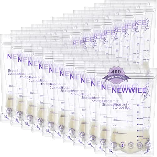 Newwiee 400 Count Breastmilk Storage Bags 7 oz Leak Proof Double Zipper Seal Breast Milk Storing Bags Self Standing Breast Milk Storage Containers for Breastfeeding Refrigerator or Freezer