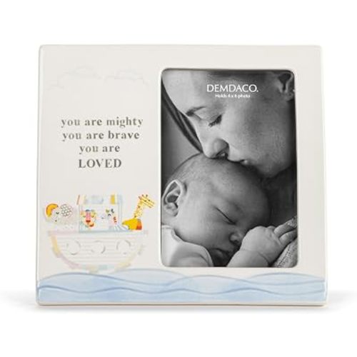 DEMDACO Noah's Ark by Katy Ellis Collection You Are Mighty, Brave, Loved Off-White 8 x 7 Stoneware Baby Picture Frame with Animal Ark – Inspirational Nursery Keepsake Gift, Holds 4x6 Photo