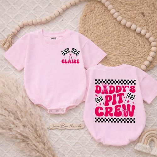 Personalized Daddy's Pit Crew Baby Girls Romper, Custom Name Pink Bow Checker Racing Infant Outfit, Girly Father's Day Newborn Outfit