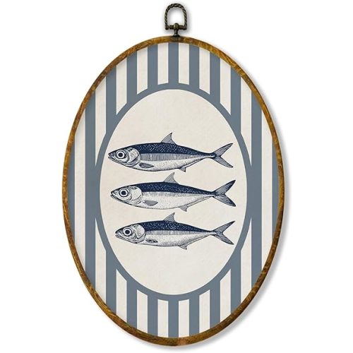XPH Vintage Coastal Sardine Oval Wall Art Framed, Beach Sardine Fish Oval Wall Decor Accents, Blue Striped Ocean Marine Life Hanging Canvas Prints for Home Bedroom Living Room Decoration, 8.6x11.4 Inch