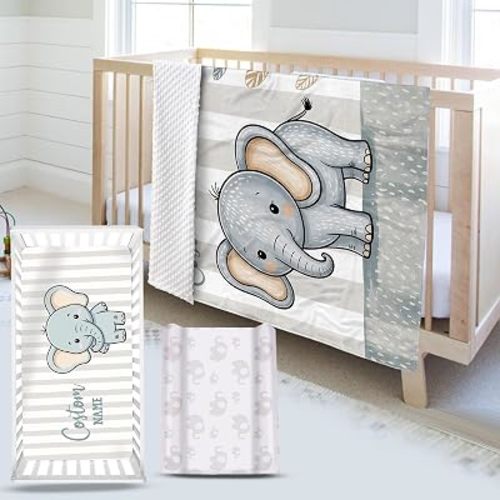 Personalized Baby Crib Bedding Set, Custom Name Nursery Bedding 3-Piece Sets - Minky Blanket, Crib Sheet & Changing Pad Cover, Elephant Theme Crib Sets, Ideal Nursery Gift for Baby Boys Girls