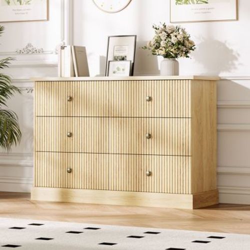 6 Drawer Dresser for Bedroom, Fluted Horizontal Chest of Drawers, 47" Wide Wood Dresser with Metal Handles, Modern Storage Dresser,Natural