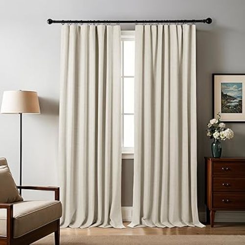 Blackout 84 Inch Curtains, Linen Blend Black Out Bedroom Curtain Set, Rod Pocket Back Tab Black Out Window Drapes Living Room Panels, Full Blackout Drape, Birch