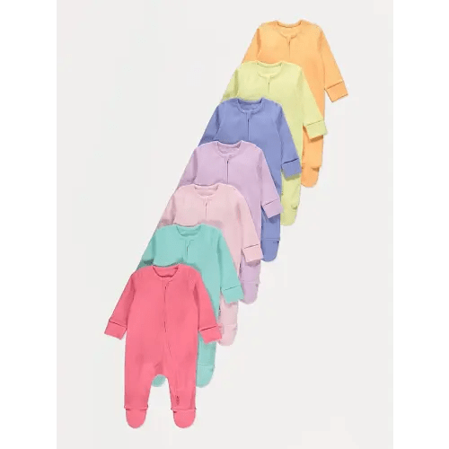 Bright Zip Fasten Ribbed Sleepsuit 7 Pack
