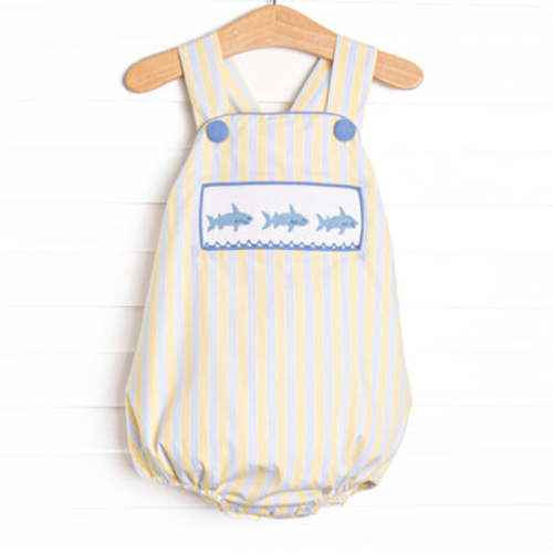 Splashing Sharks Smocked Sunsuit, Yellow – Stitchy Fish