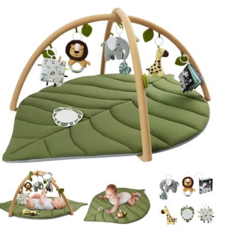 Blissful Diary Baby Play Gym & Activity Mat, Oversize Leaf Shaped Baby Play Mat w 6 Detachable Toys, Tummy Time Mat Promote Motor Skills & Sensory Development Mat, Newborn Infant Baby Essentials Gift