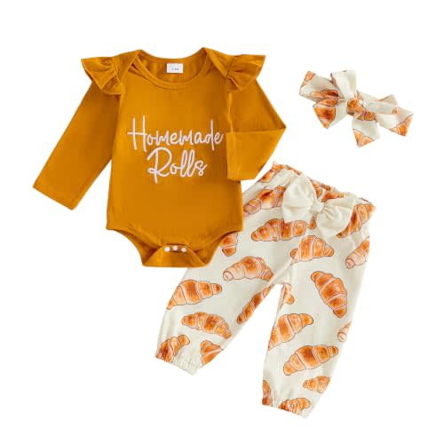 Kuriozud Newborn Baby Girl Clothes Outfits Romper Pants Headband Set Fall | Infant Baby Girl Ruffle Long Sleeve Ribbed Jumpsuit Embroidery Bow Onesie+Cute Bow Print Long Pant Headband Set 3Piece Winter