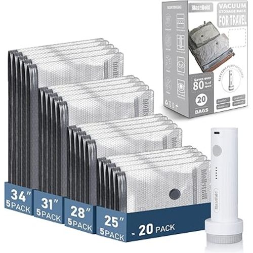 20 Pack Travel Vacuum Storage Bags with Rechargeable Electric Pump, Compression Packing Seal Bag for Luggage and Suitcase, 5 Small + 5 Medium + 5 Large + 5 Jumbo Space Saver Bags for Clothing Travel