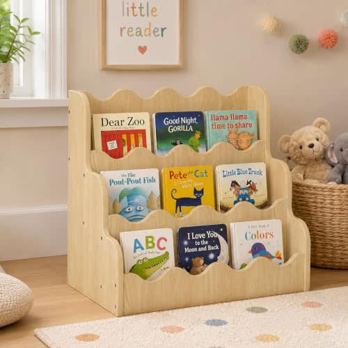 NACHES 3-Tier Montessori Bookshelf for Kids - Wooden Front-Facing Book Display Rack with Wave Design, Toy Organizer for Toddler Nursery, Bedroom, Classroom & Playroom, Small