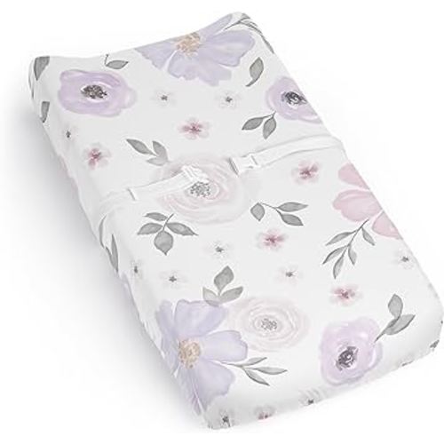 Sweet Jojo Designs Lavender Purple Boho Floral Girl Baby Changing Pad Cover Sheet Infant Newborn Diaper Change Mat Cover Pink Grey Bohemian Farmhouse Shabby Chic Rose Lily Watercolor Flower Elegant
