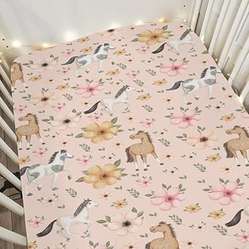 Watercolor Horse Floral Baby Crib Sheets for Boy Girl 52"x28" Running Horses Boho Flowers Soft Snug Fitted Crib Mattress Cover Wild Animals Baby Sheet for Standard Crib & Toddler Bed Mattress Pink