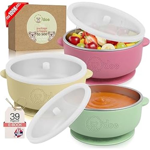o'doe Baby Bowls with Lids – Stainless Steel Baby Feeding Bowls with Suction | Non-Slip Toddler Bowls for Self Feeding | BPA-Free Kids Bowls for Babys Food & Snacks | Stainless Steel Bowls Kids