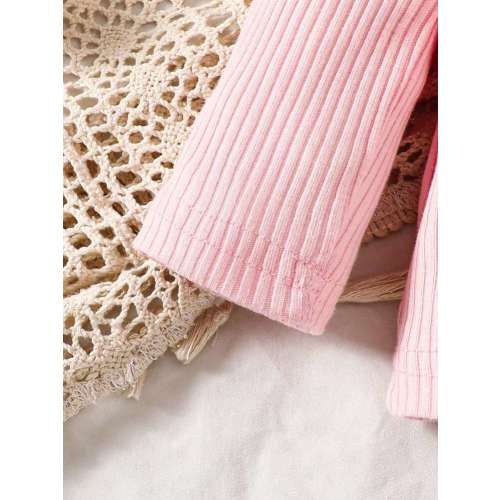 SHEIN 1set Baby Girl Solid Color Round Neck Long Sleeve Rib T-Shirt & Heart Print Overalls Casual Outfit, Autumn | SHEIN USA