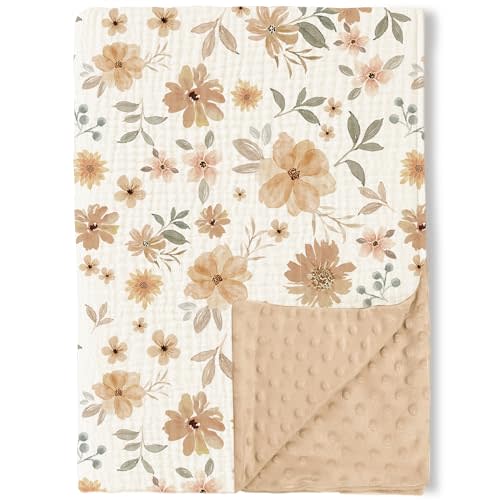 Konssy Baby Blankets for Unisex Boys Girls, Super Soft Nursery Minky Blankets with Muslin Cotton Front and Dotted Fleece Backing, Printed Bed Throws Newborn