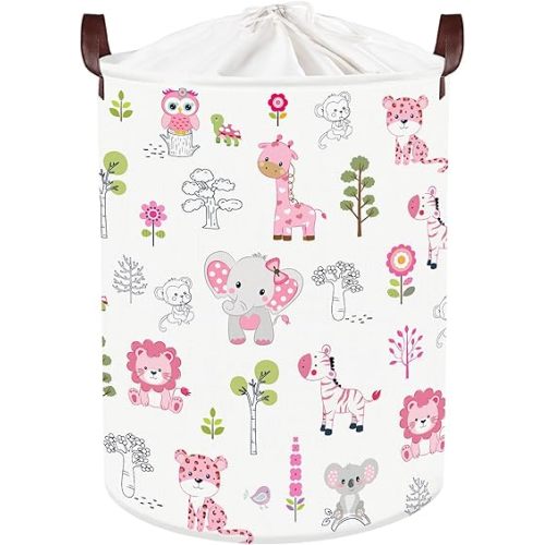 Clastyle Cute Forest Animal Laundry Basket Elephant Lion Kids Clothes Book Storage Basket Gift Toy Box for Bedroom Decor,Pink,36x45 cm