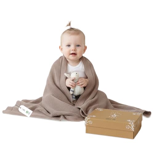 100% Organic Cotton Baby Knitted Blanket with Gift Box - Soft Toddler, Crib, Stroller Blanket - Neutral Swaddle and Receiving Blanket for Newborns, 30"x40", Mocha Meringue