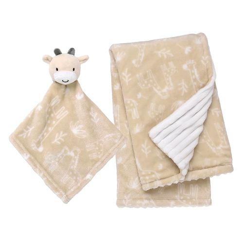 2-Piece Cuddle Plush Toy and Baby Blanket Gift Set, Giraffe with Animal Print and Ribbed Texture, Reversible (Tan Beige, 30 inch x 34 inch)