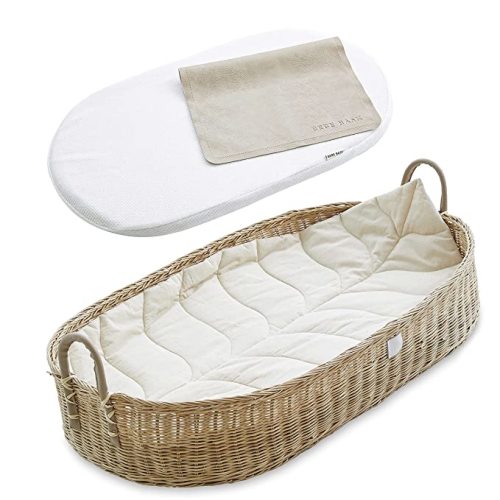 Bebe Bask Premium Baby Changing Basket - Organic Rattan Moses Basket - Luxury Leaf Liner - Thick, Soft & Waterproof Bamboo Pad - Vegan Leather Baby Changing Mat- Trendy Changing Table Topper