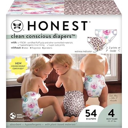 The Honest Company Clean Conscious Diapers for Sensitive Skin | Hypoallergenic, Fragrance Free | Girl Prints | Club Box, Size 4 (22-37 lbs), 54 Count