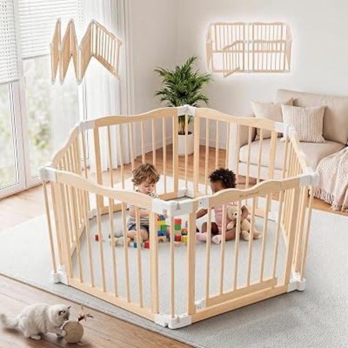 Foldable Wooden Playpen - Adjustable Wood Baby Play Yard with Door, Indoor Large Safety Fence for Babies and Toddlers - Easy Assembly, Natural, 55 x 30 x 24 inches