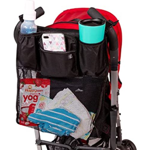 J.L. Childress Cups 'N Cargo, Universal Fit Stroller Organizer with Extra Large Storage, Expandable Deep Cup Holders, Multiple Zippered Pockets, Unique Large Mesh Bag for Larger Items, Black