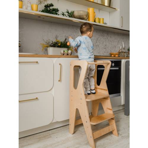 Torre de aprendizaje de madera hecha a mano, taburete de cocina ajustable para niños pequeños