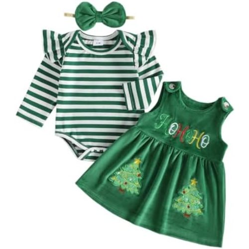Newborn Baby Girl Romper Overall Dress and Headband Cute Christmas Outfit