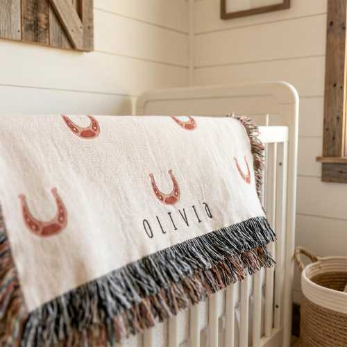 Personalized Horseshoe Baby Blanket, Lucky Western Woven Throw, Cowgirl Nursery Decor, Custom Name Baby Blanket, Rodeo Baby Shower Gift