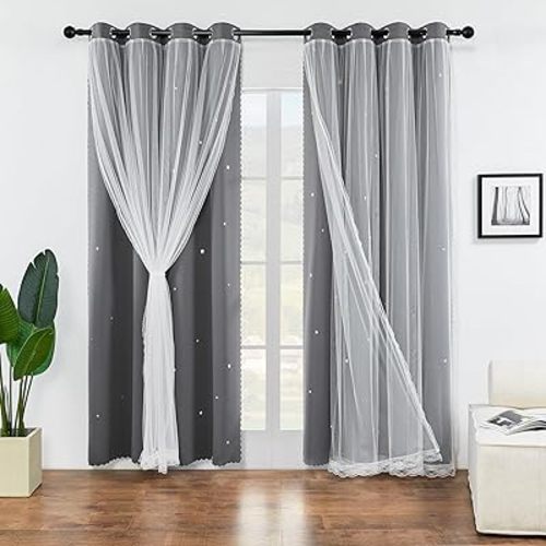 XiDi Star Curtains for Bedroom,Curtains for Girls Bedroom Decor,Kids Curtains 2 Panel Set,Blackout Curtains for Living Room Curtains 63 inches Long 2 Panel Grey