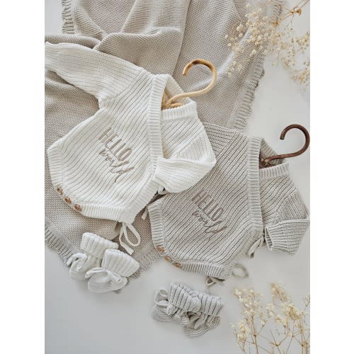Personalised Baby Romper, Luxury Neutral Chunky, Newborn Beige, Baby Announcement Bodysuit, Baby Coming Home Outfit, Knitted Hello World