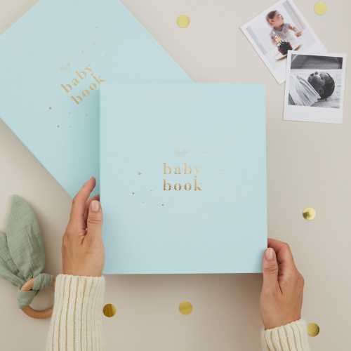 Aqua Baby Memory Book – Baby Record Book & Milestone Journal with Light Blue Cloth Cover and Gold Foil | Baby Shower Keepsake Gift
