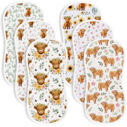 6 Pack Baby Burp Cloths for Boys Girls, Soft Cotton, Highland Cow Floral Theme Design, Super Absorbent Baby Burping Cloths for Newborns, Machine Washable and Reusable Baby Spit-Up Cloths