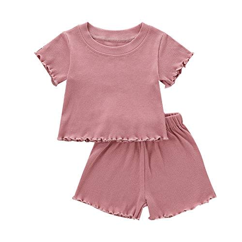 Toddler Girl Clothes Summer Outfit Short Sleeve Shorts Set 12M-5T | Soft ribbed knit toddler girl outfit with breathable fabric, ruffle top, comfy shorts and stretchy fit for summer daily wear.