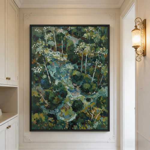 Mystic Woodland Path Painting, Abstract Forest Stream Oil Painting, Large Vertical Textured Art, Original Textured Green Art, Home Decor