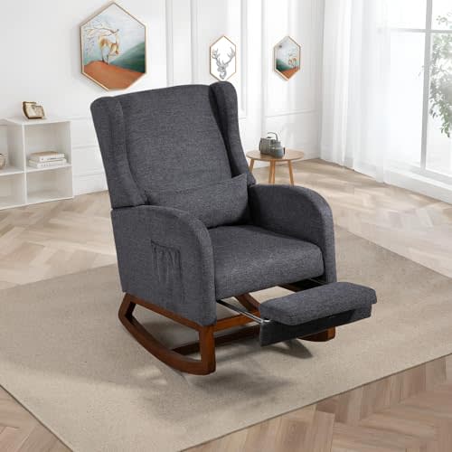 Modern Rocking Chair Nursery Glider, Comfy Rocker Nursery Chair with Foot Rest, Accent Reading Armchair with Pillow and Pocket, Upholstered Lounge Rocker with Solid Wood Base for Relaxing (Charcoal)