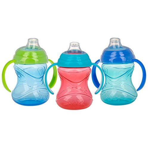 Nuby 3 Piece No-Spill Grip N’ Sip Cup with Soft Flex Spout, 2 Handle with Clik It Lock Feature, Neutral,10 Ounce