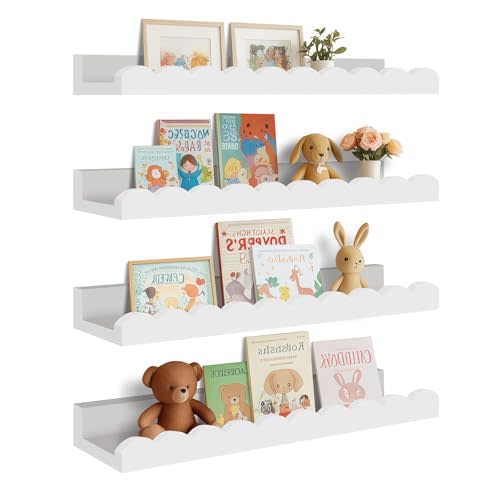 Yirilan 4-Pack Scalloped Shelves, Nursery Shelves for Wall, Floating Nursery Book Shelves for Kids, White